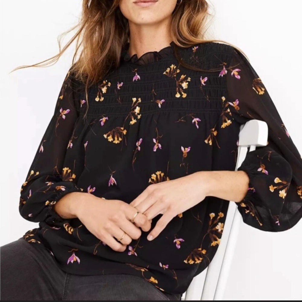 Madewell Black Floral smocked high neck blouse size xxs long sleeve
